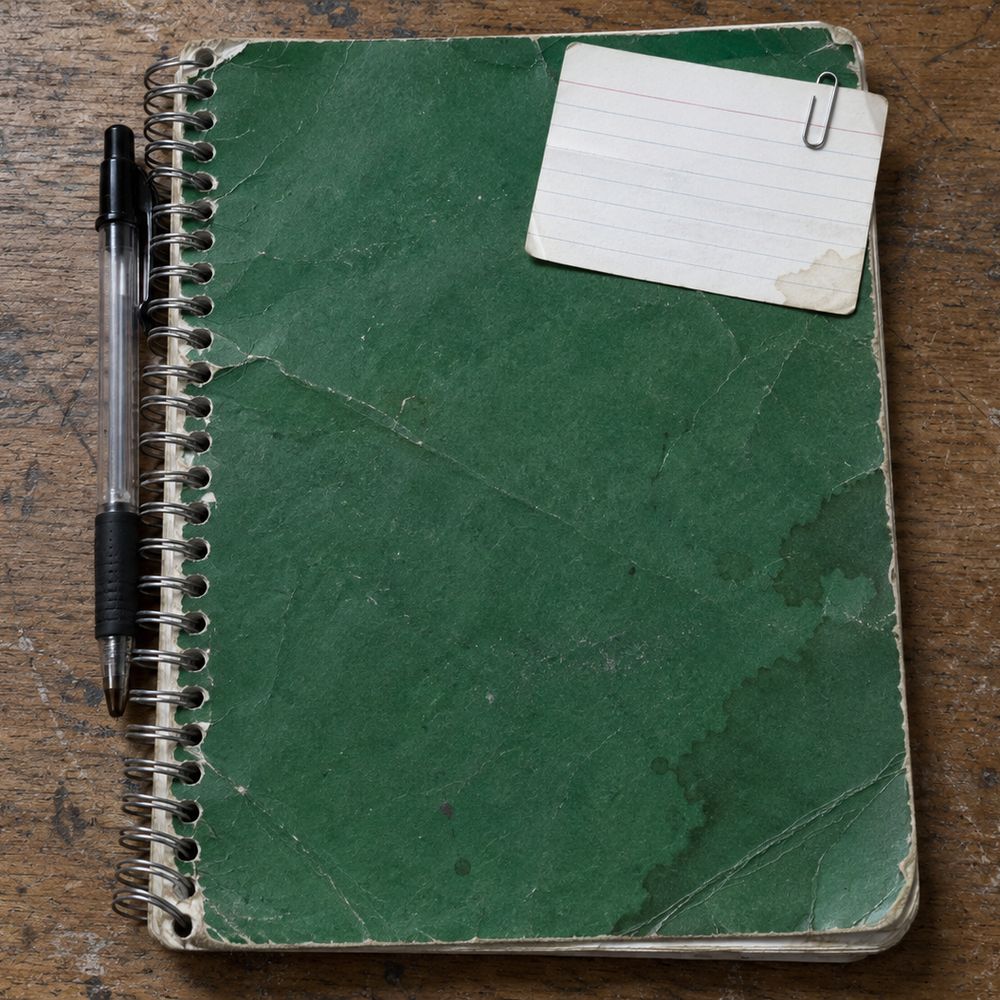 Un carnet à spirale à couverture verte, usé et taché, avec un stylo, sur un bureau en bois