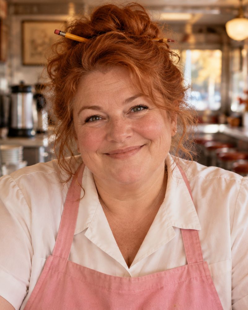 Dot, la patronne du diner, rousse, en tablier rose, souriante derrière son comptoir