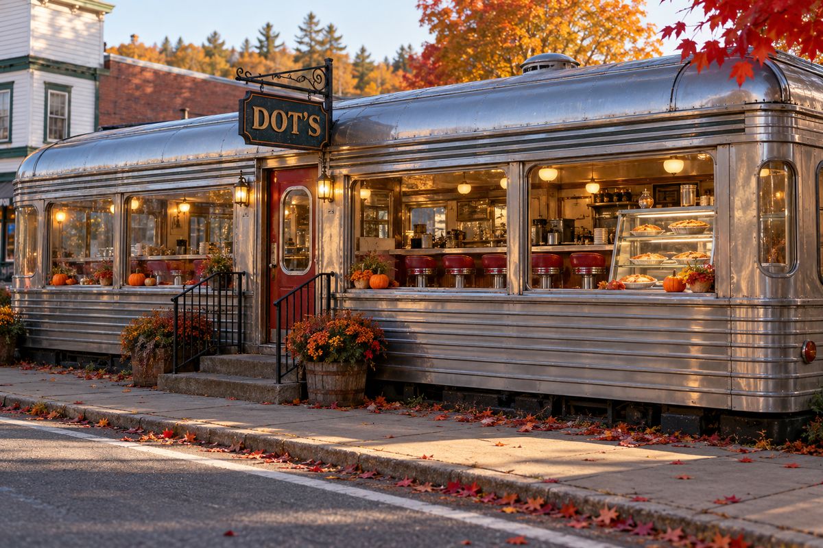 Le diner Dot’s, un wagon en inox sur la place, avec des citrouilles aux fenêtres