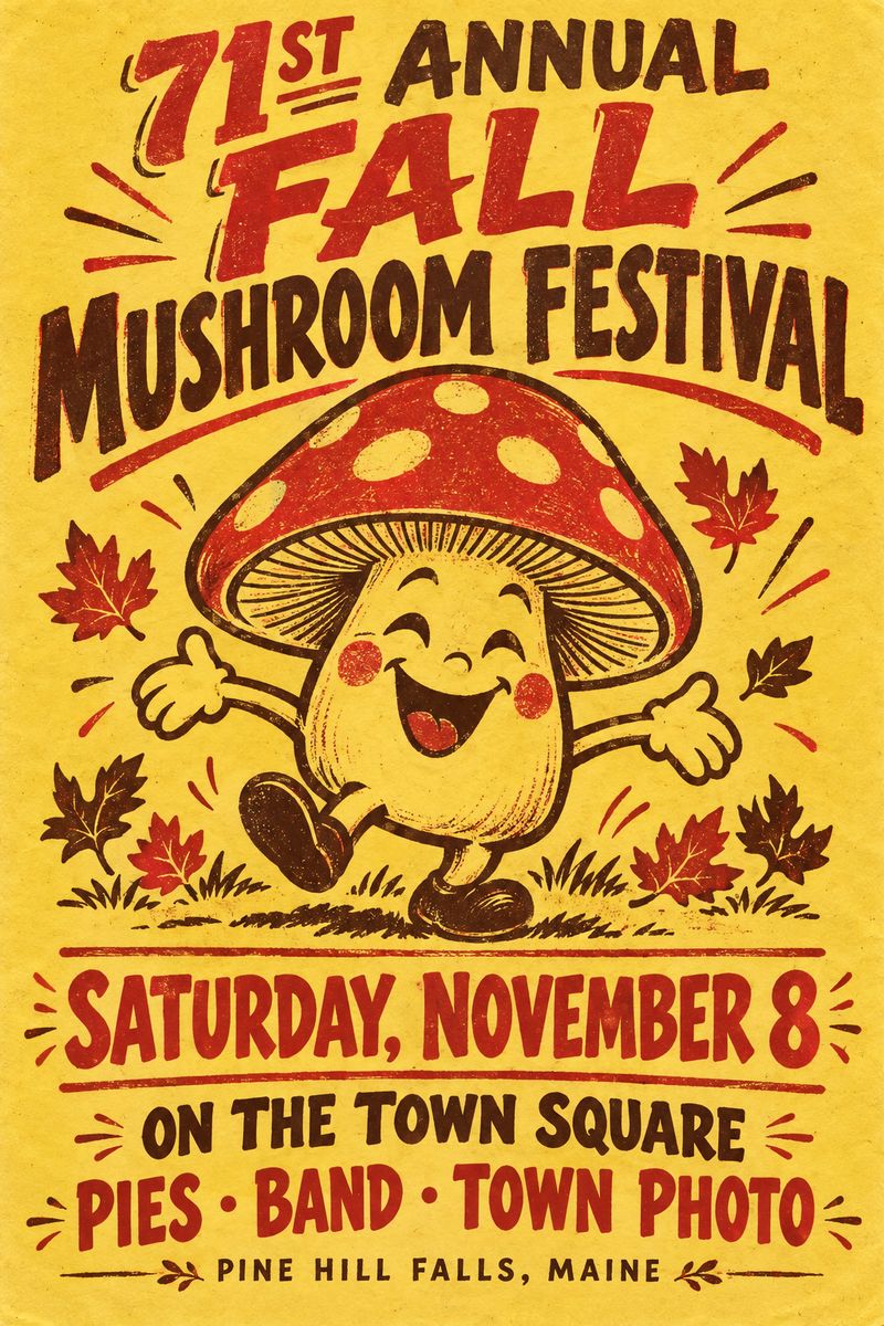 Affiche jaune de la fête des champignons, avec un champignon souriant