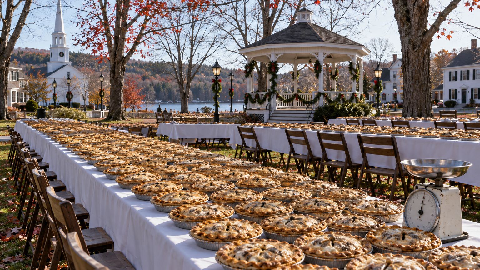 Les longues tables à tréteaux de la fête, couvertes de tartes aux champignons, devant le kiosque