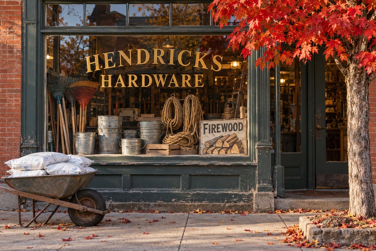 La vitrine de Hendricks Hardware, avec ses lettres dorées, des outils et une brouette de sel devant la porte