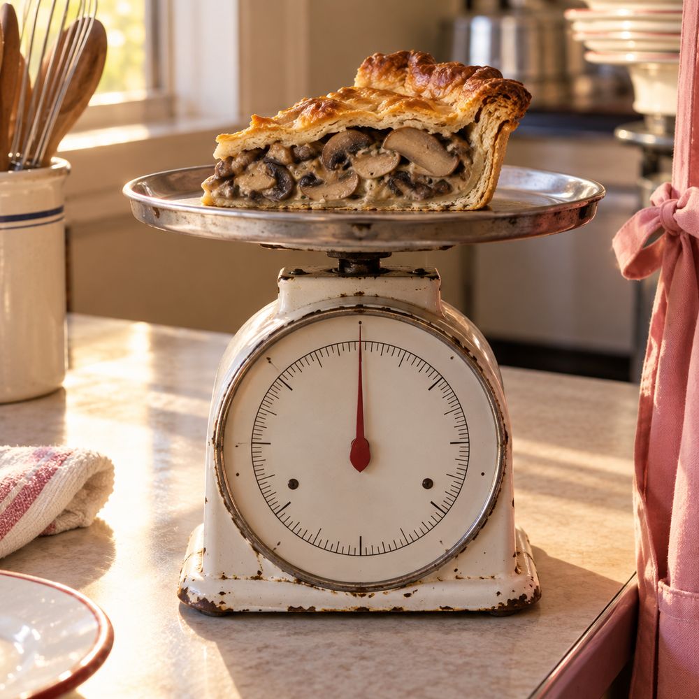 Une balance de cuisine blanche au plateau d’acier, avec une part de tarte aux champignons