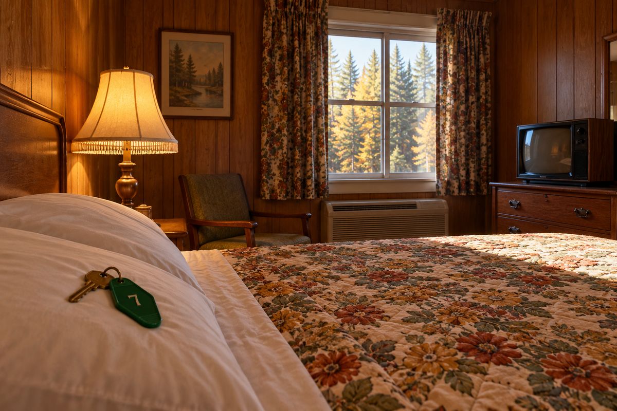 La chambre 7 : lit au couvre-lit fleuri, lampe allumée, fenêtre sur les sapins, et une clé au porte-clés vert numéroté 7 sur l’oreiller