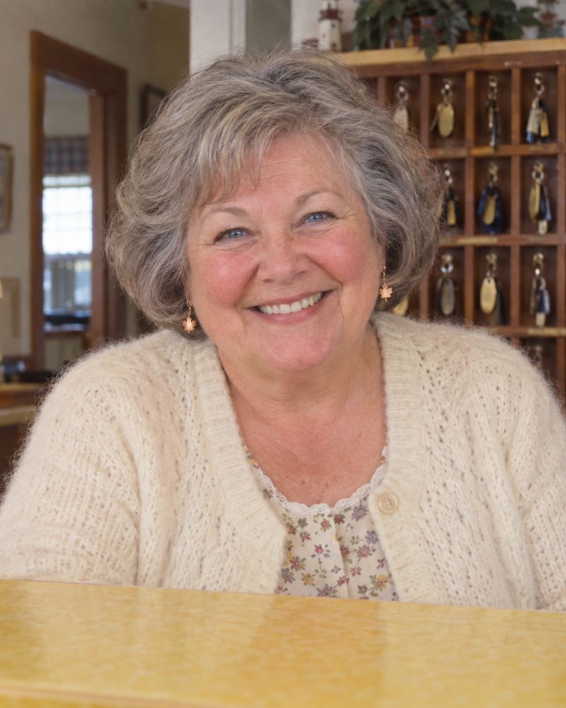Peg, l’hôtesse du motel, cheveux gris et gilet en mohair crème, souriante derrière le comptoir de l’accueil