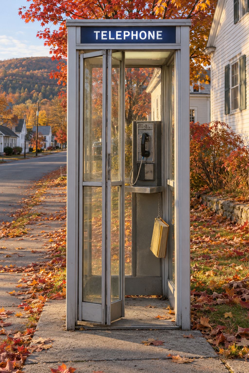 Une cabine téléphonique à l’ancienne sur un trottoir bordé d’érables rouges, porte en accordéon entrouverte, le combiné raccroché et l’annuaire pendu à sa chaîne