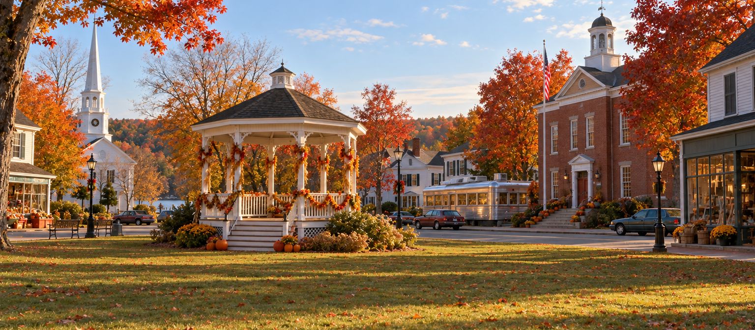 La place de Pine Hill Falls un matin d’automne, avec son kiosque blanc et ses érables rouges