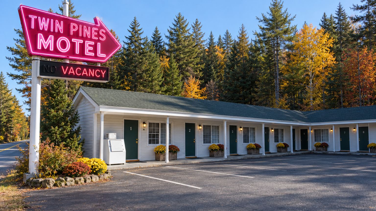 Le Twin Pines Motel un matin d’automne : l’enseigne rose en forme de flèche, le panneau VACANCY allumé et les portes vertes numérotées